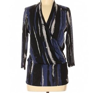 Black/Blue Print V-neckline Blouse